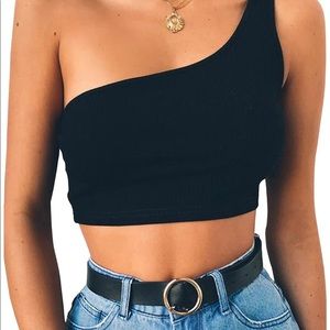 Black stretchy one shoulder crop top